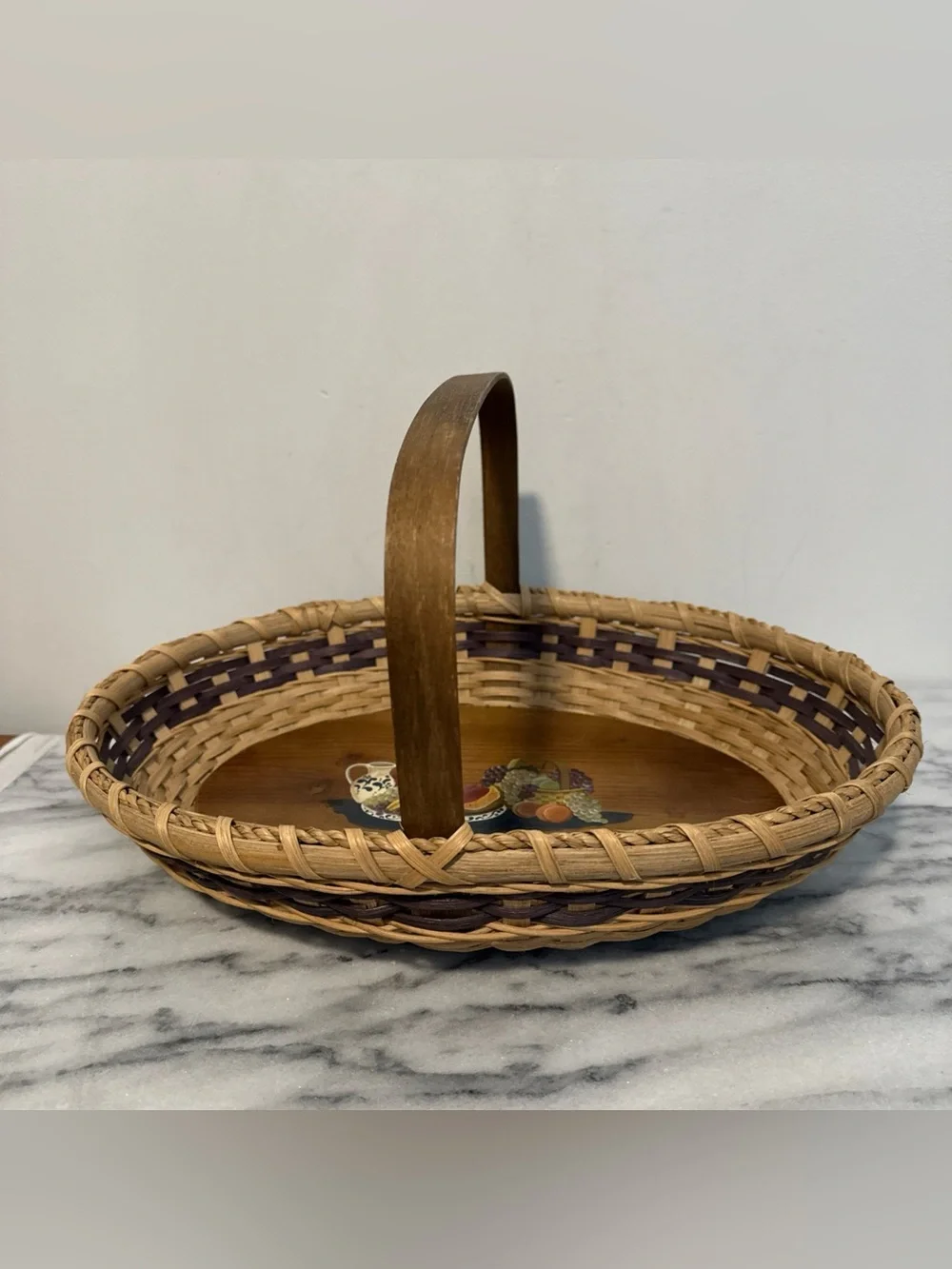 Nantucket style Woven painted Fruit Basket Tray with Wooden Handle - Brown folk